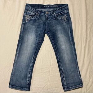 Grace in LA Y2K Capri Blue Jeans with Embellished Pockets